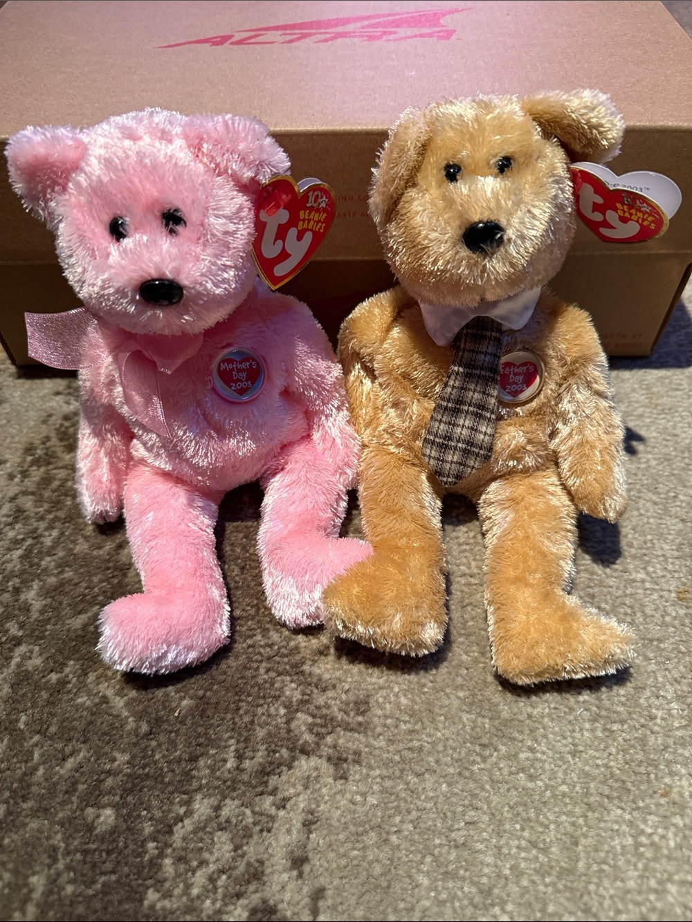 Ty Pink & Tan Plush Bear Pair with Heart Tags
